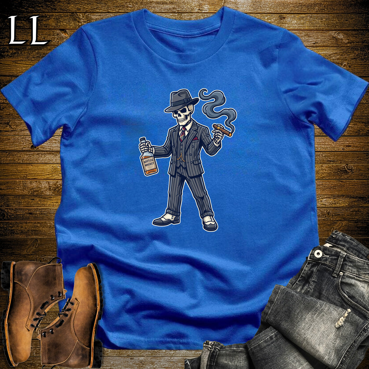 Skeleton Gangster Bootleg Cigar T-Shirt Royal | Bootleg Cigar Shirt