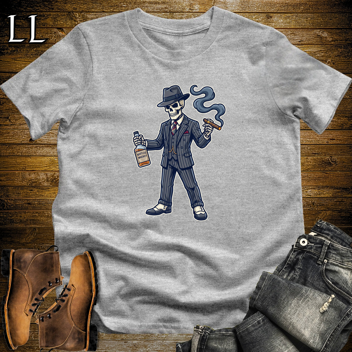 Skeleton Gangster Bootleg Cigar T-Shirt Sport Grey | Bootleg Cigar Shirt