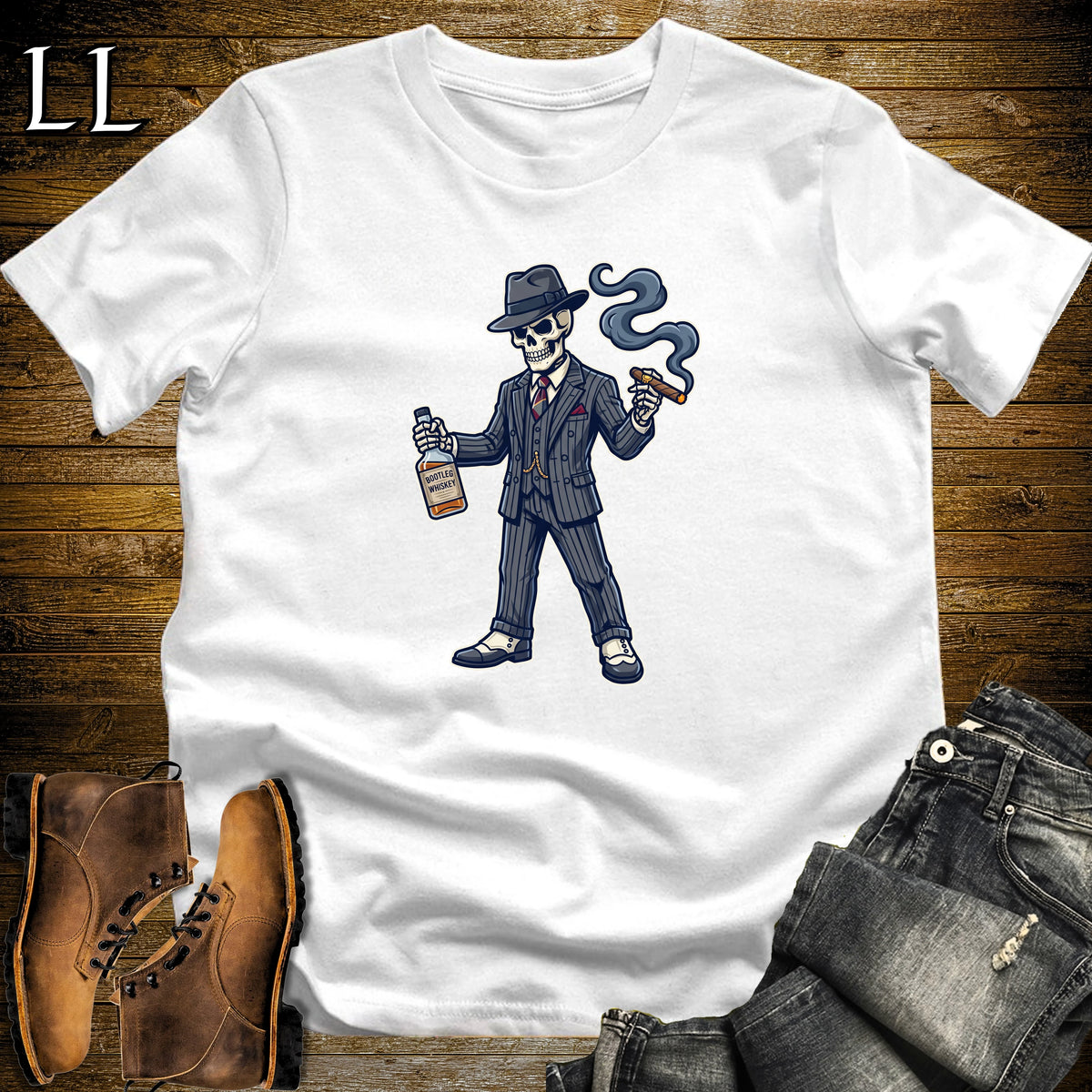 Skeleton Gangster Bootleg Cigar T-Shirt White | Bootleg Cigar Shirt