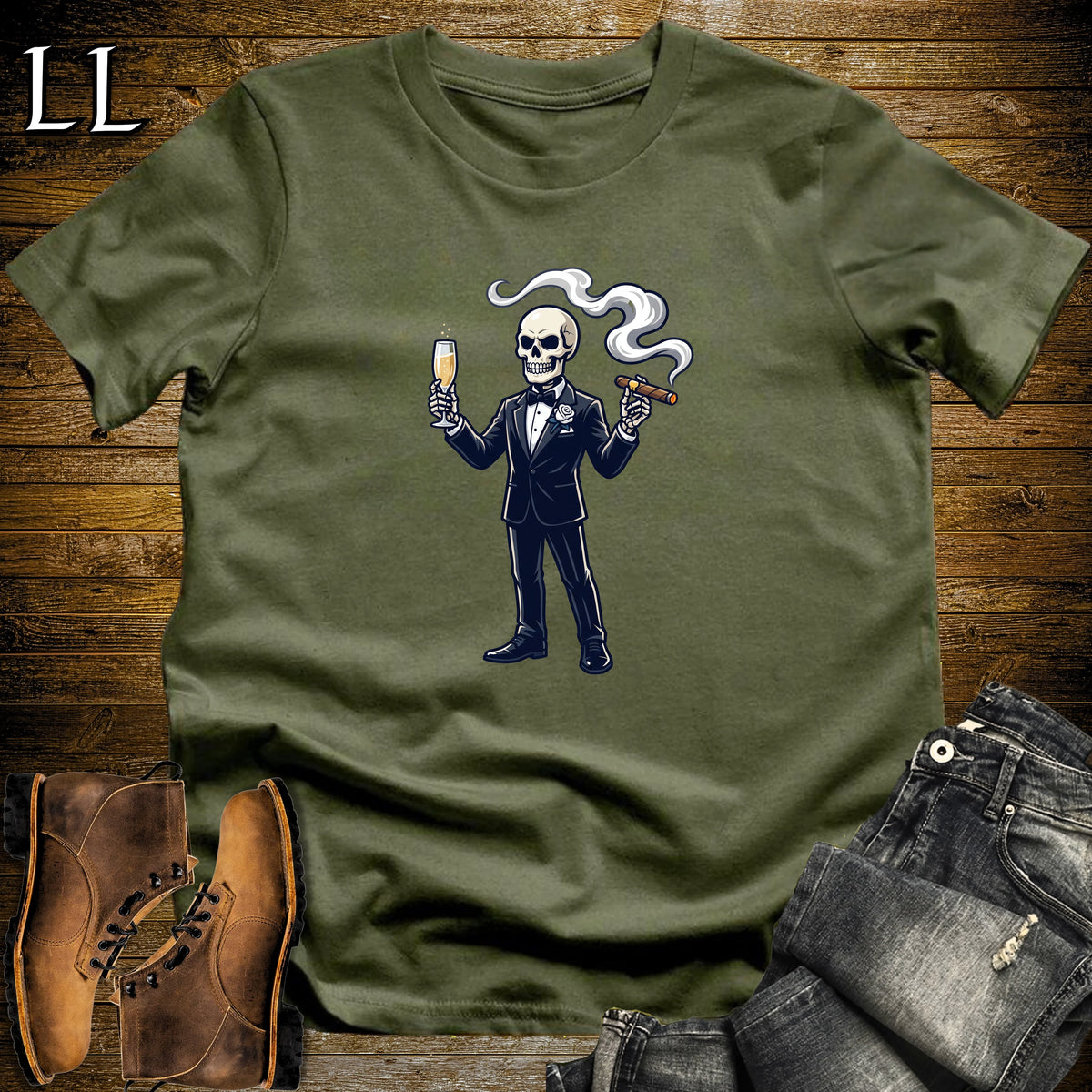 Skeleton Groom Champagne Cigar T-Shirt Military Green | Champagne Cigar Shirt