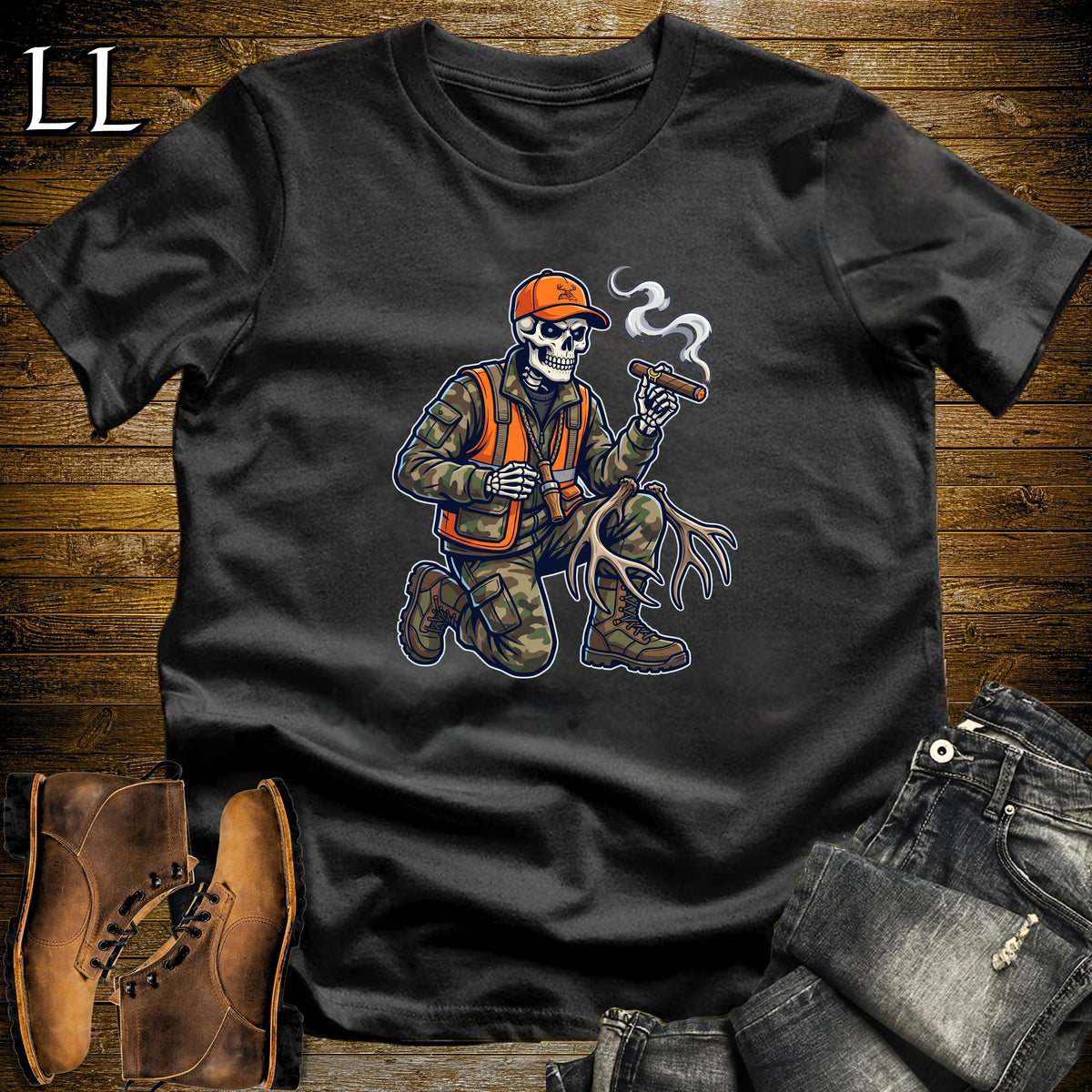 Skeleton Hunter Duck Call Cigar T-Shirt Black | Duck Hunting Cigar Shirt