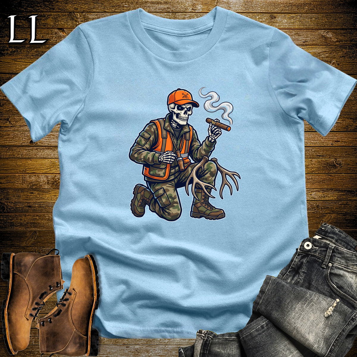 Skeleton Hunter Duck Call Cigar T-Shirt Light Blue | Duck Hunting Cigar Shirt