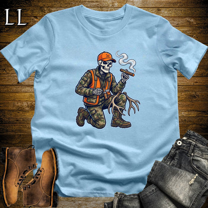 Skeleton Hunter Duck Call Cigar T-Shirt Light Blue | Duck Hunting Cigar Shirt