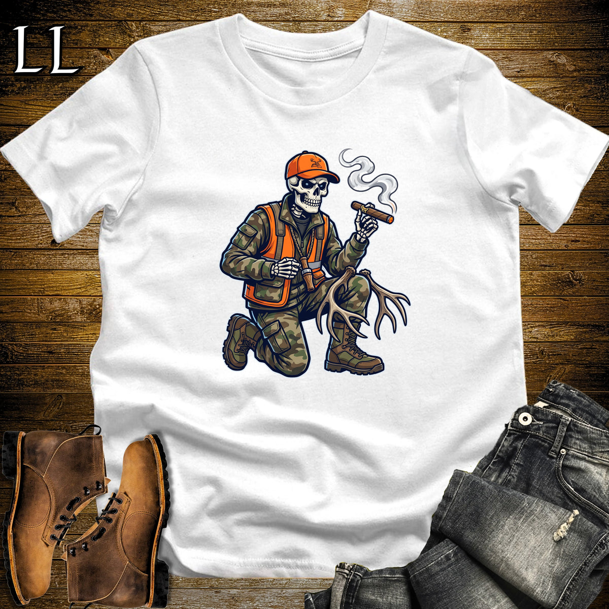 Skeleton Hunter Duck Call Cigar T-Shirt White | Duck Hunting Cigar Shirt