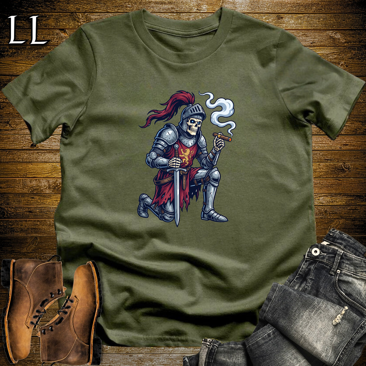 Skeleton Knight Longsword Cigar T-Shirt Military Green | Longsword Cigar Shirt
