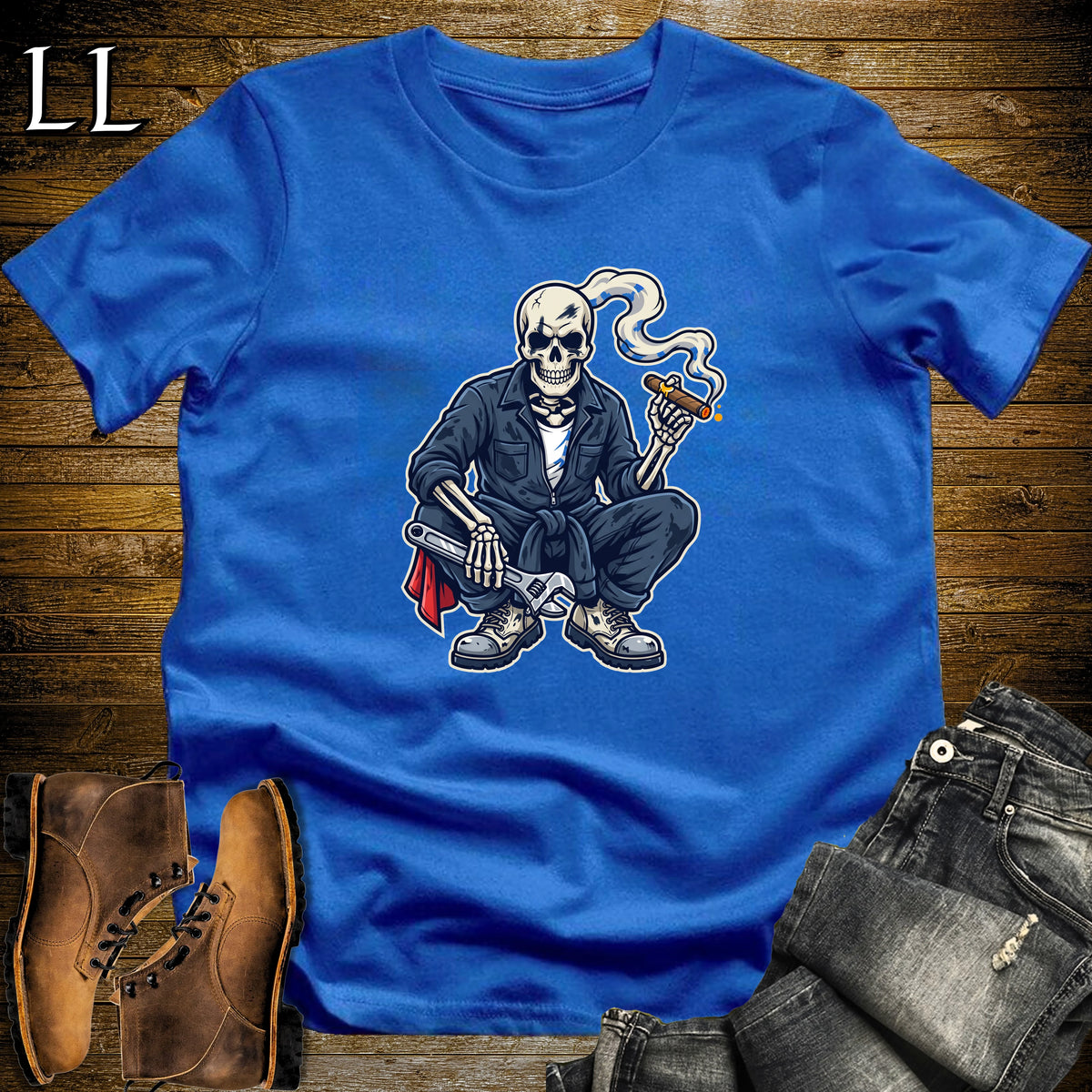 Skeleton Mechanic Garage Cigar T-Shirt Royal | Garage Cigar Shirt