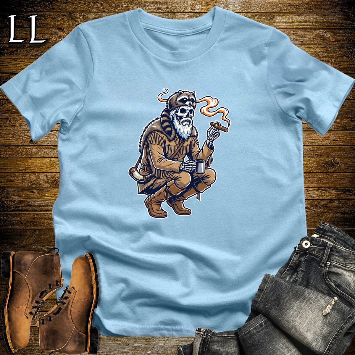 Skeleton Mountain Man Cigar T-Shirt Light Blue | Mountain Man Cigar Shirt