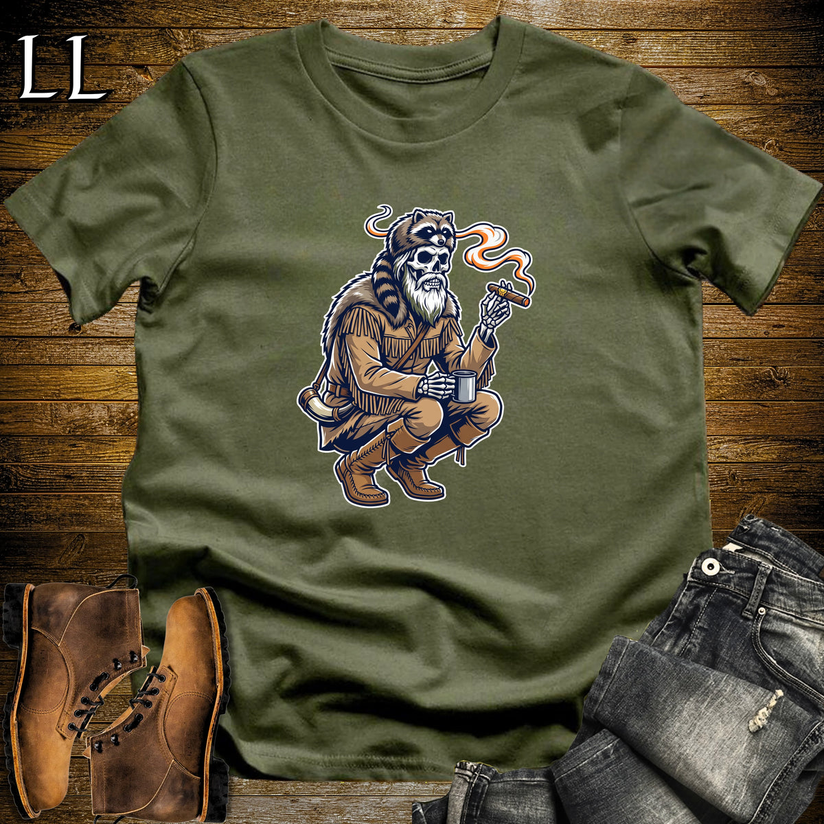 Skeleton Mountain Man Cigar T-Shirt Military Green | Mountain Man Cigar Shirt