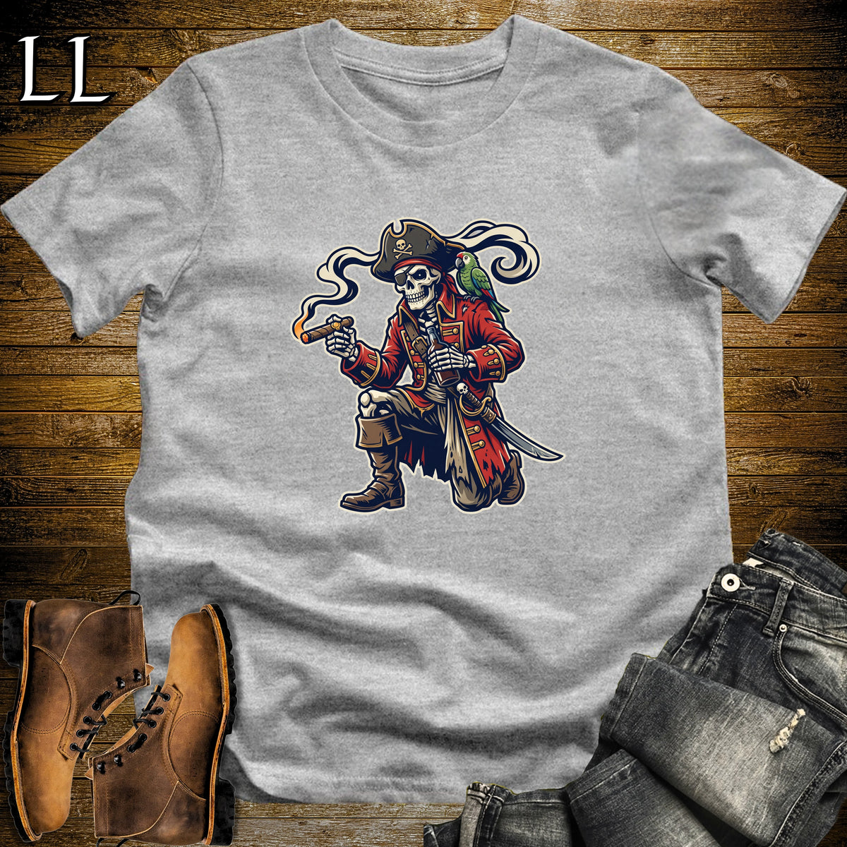 Skeleton Pirate Rum & Cigar T-Shirt Sport Grey | Rum and Cigar Shirt