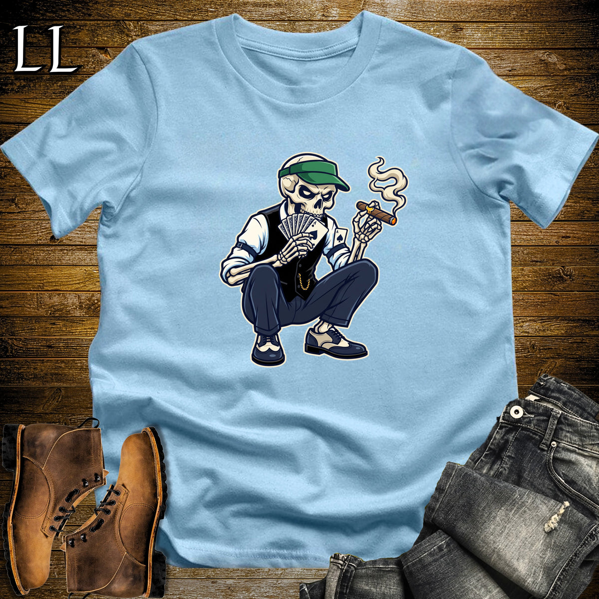 Skeleton Poker Player Cigar T-Shirt Light Blue | Cigar Poker Night Shirt