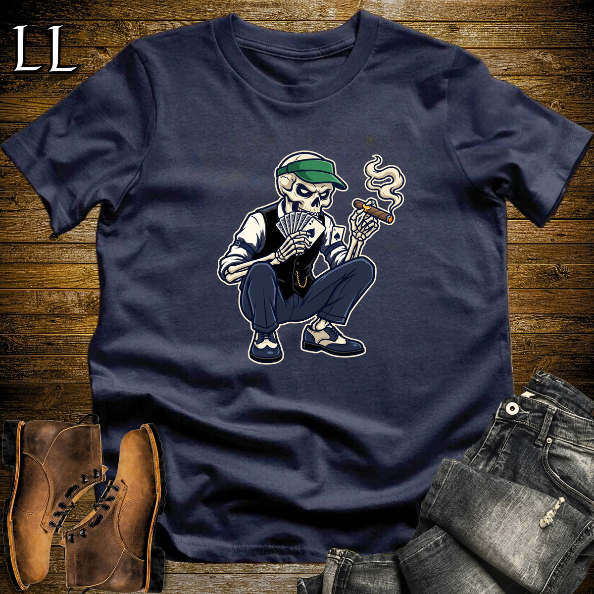 Skeleton Poker Player Cigar T-Shirt Navy | Cigar Poker Night Shirt