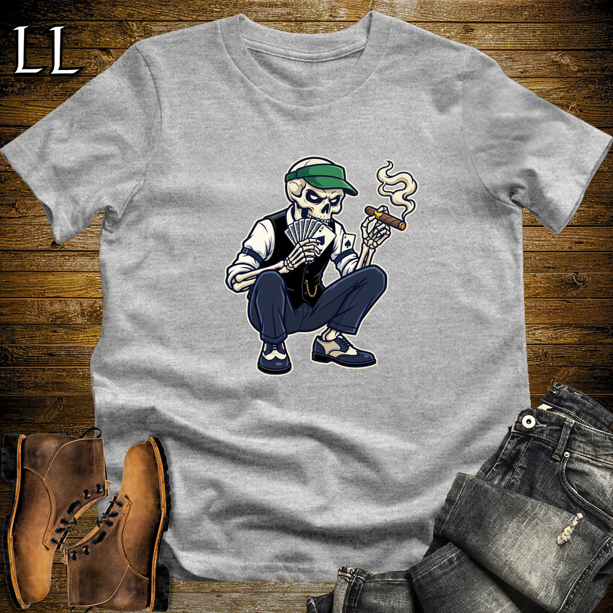 Skeleton Poker Player Cigar T-Shirt Sport Grey | Cigar Poker Night Shirt