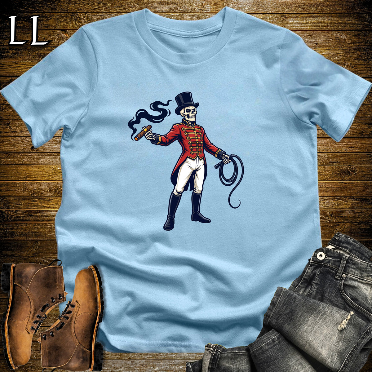 Skeleton Ringmaster Circus Cigar T-Shirt Light Blue | Circus Cigar Shirt