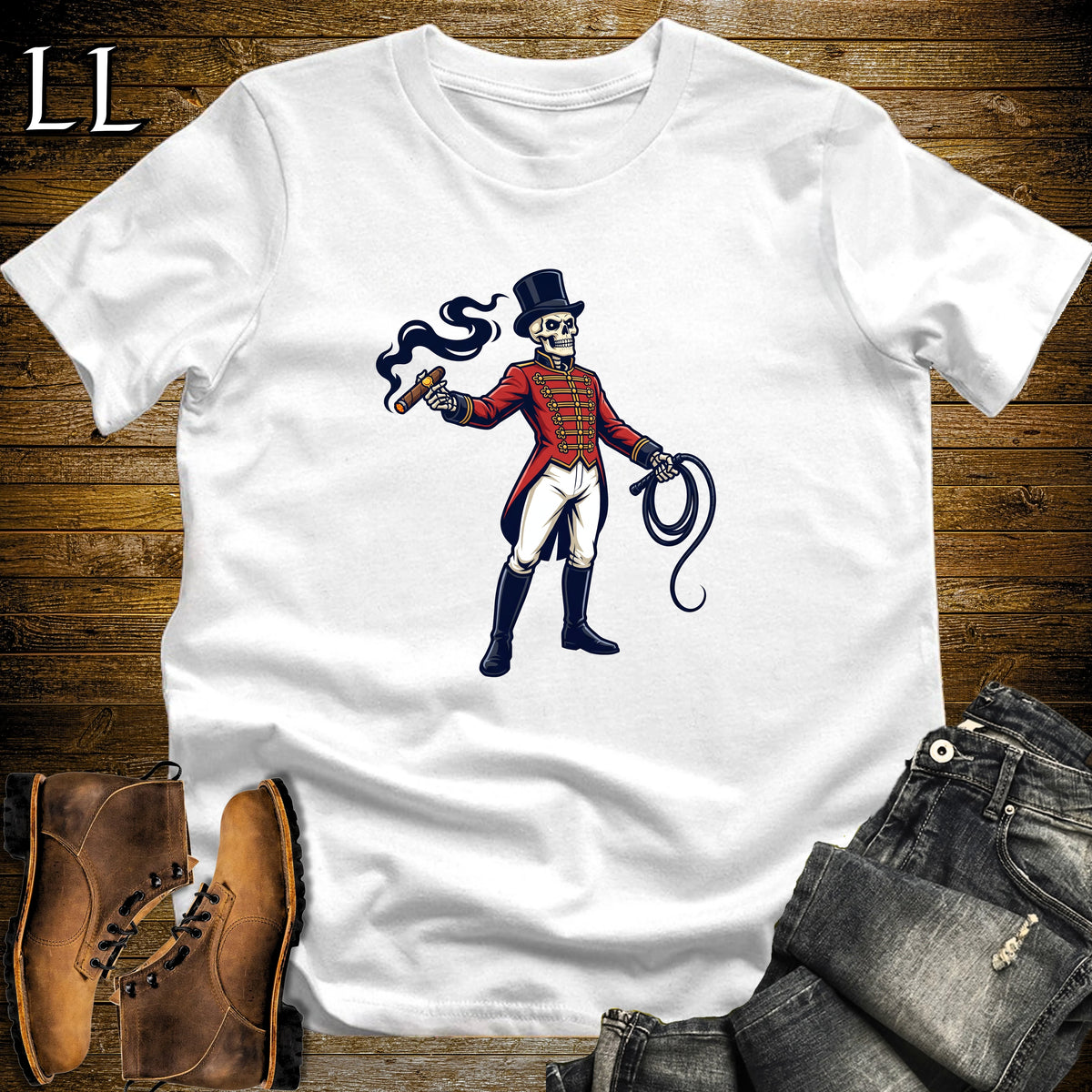 Skeleton Ringmaster Circus Cigar T-Shirt White | Circus Cigar Shirt