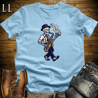 Skeleton Saxophonist Jazz Cigar T-Shirt Light Blue | Jazz Cigar Shirt