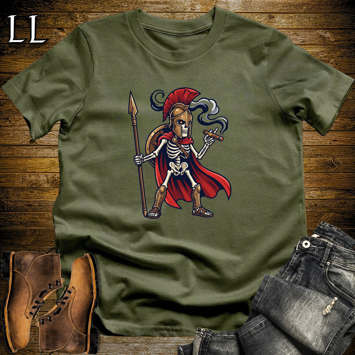 Skeleton Spartan Warrior Cigar T-Shirt Military Green | Warrior Cigar Shirt