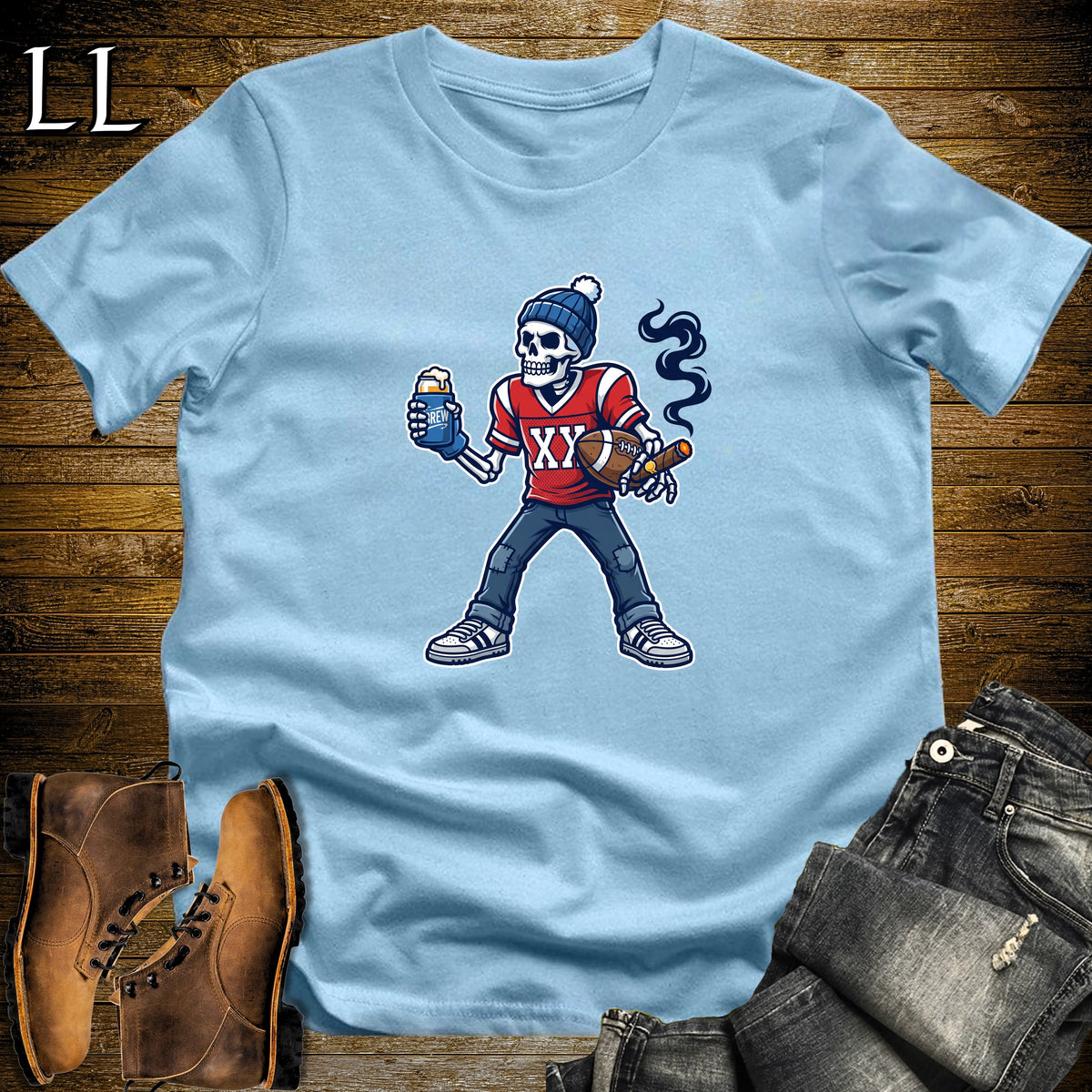 Skeleton Tailgater Football Cigar T-Shirt Light Blue | Football Cigar Shirt