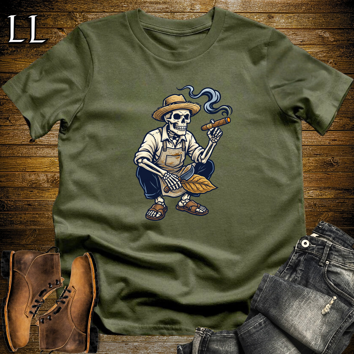 Skeleton Torcedor Cigar Roller T-Shirt Military Green | Cigar Roller Halloween Tee