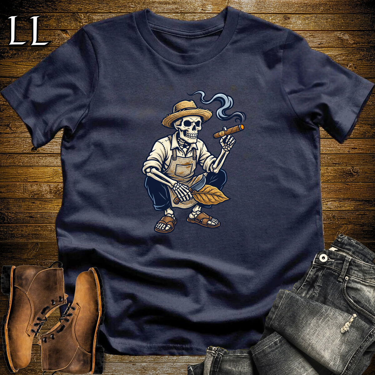 Skeleton Torcedor Cigar Roller T-Shirt Navy | Cigar Roller Halloween Tee