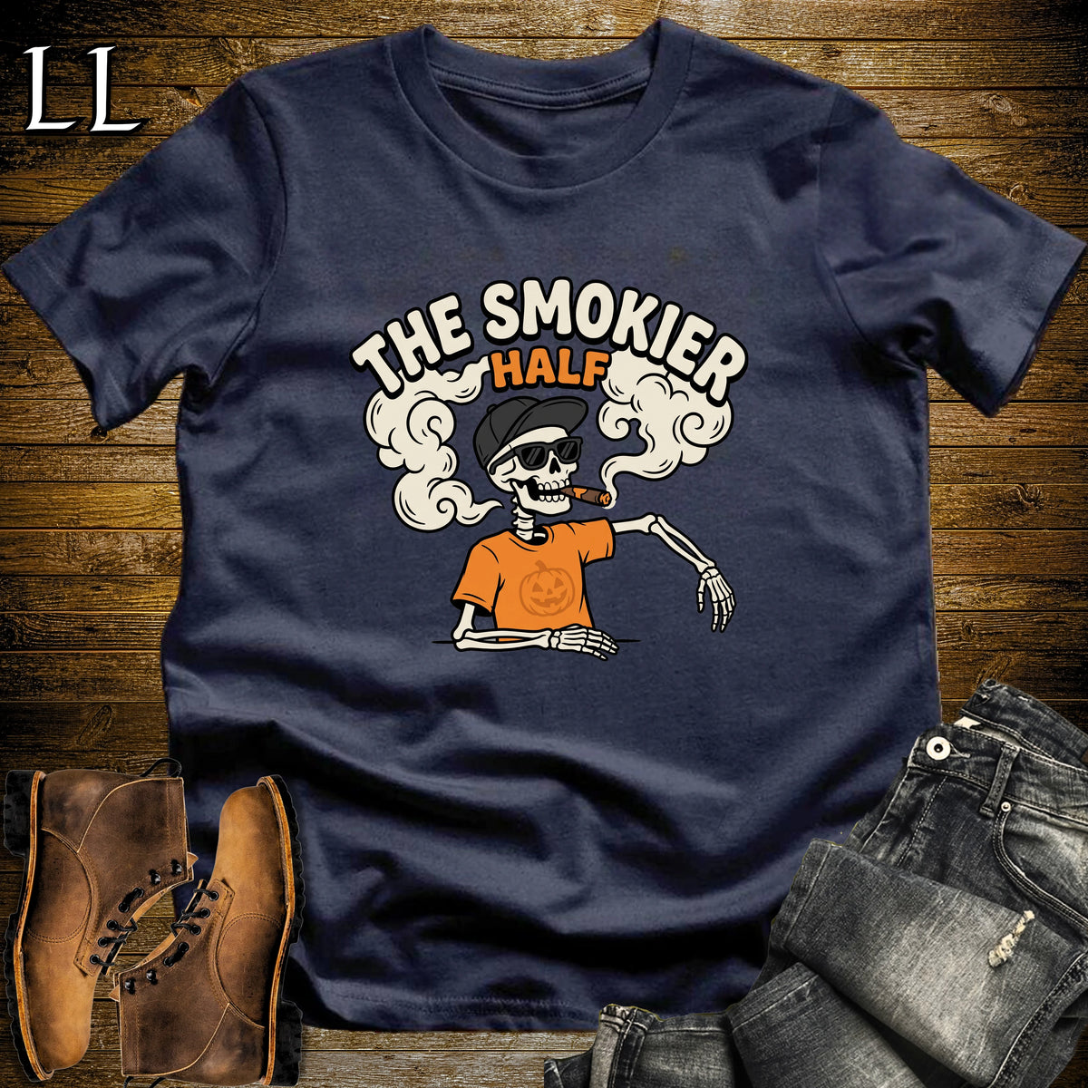 Smokier Half Skeleton Couples Cigar T-Shirt Navy | Skeleton Couples Cigar Tee