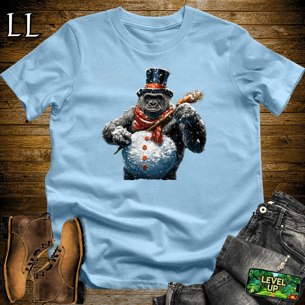 Snowman Gorilla Softstyle Tee Light Blue | Winter Fun Tee