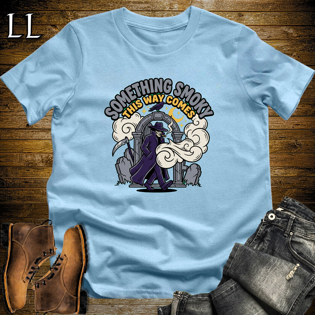 Something Smoky This Way Comes Shadow Figure Cigar T-Shirt Light Blue | Shadow Figure Cigar Tee