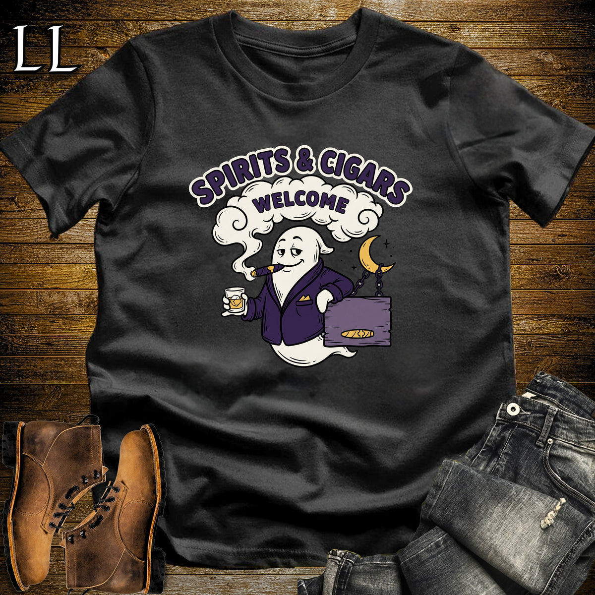 Spirits & Cigars Welcome Ghost Lounge Sign T-Shirt in Black | Halloween Cigar Lounge Shirt