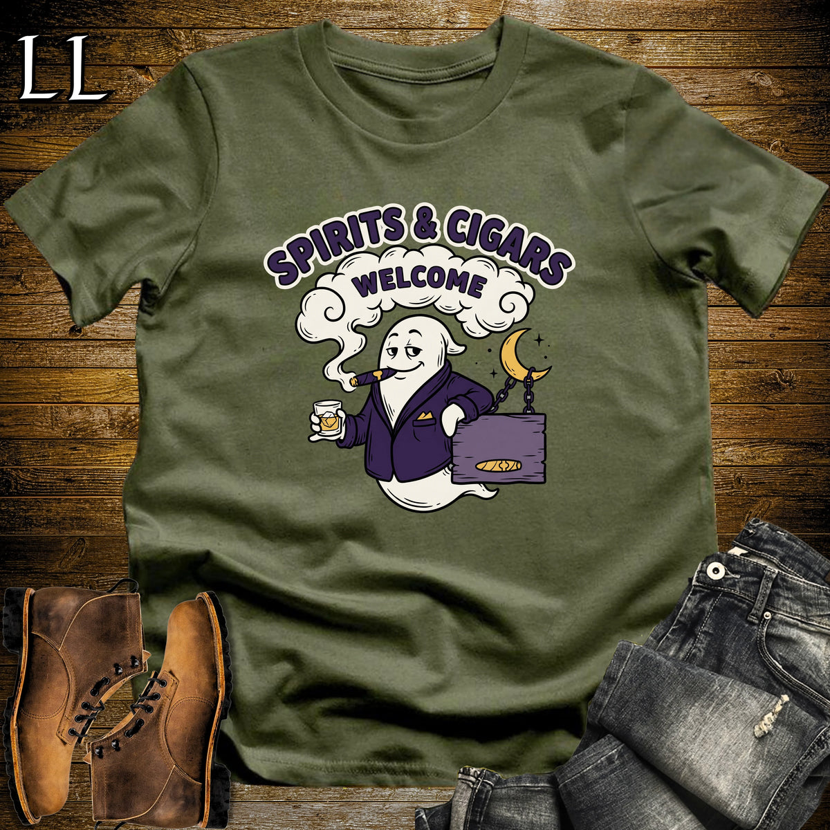 Spirits & Cigars Welcome Ghost Lounge Sign T-Shirt in Military Green | Halloween Cigar Lounge Shirt