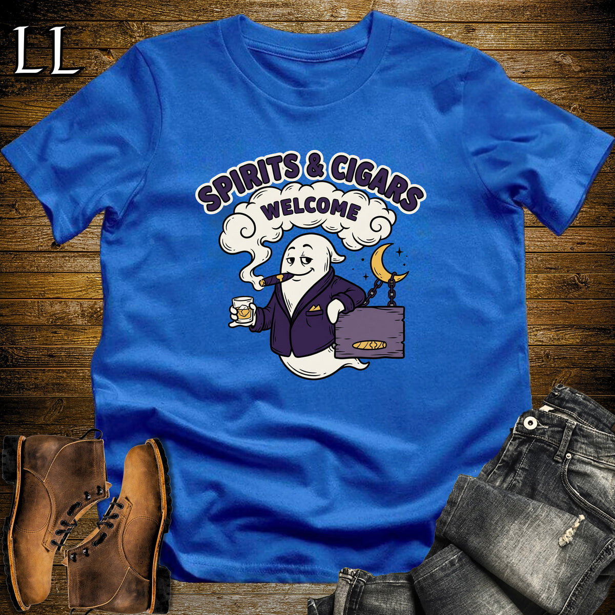 Spirits & Cigars Welcome Ghost Lounge Sign T-Shirt in Royal Blue | Halloween Cigar Lounge Shirt