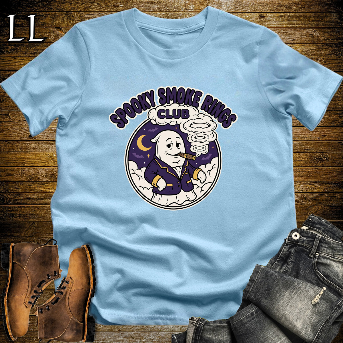 Spooky Smoke Rings Club Ghost Badge Cigar T-Shirt Light Blue | Ghost Badge Cigar Tee