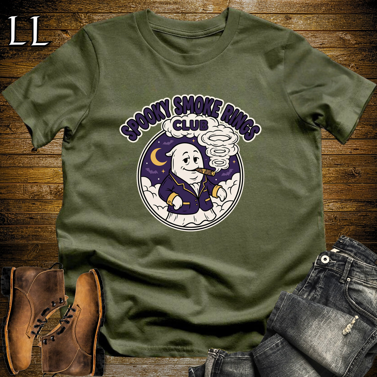 Spooky Smoke Rings Club Ghost Badge Cigar T-Shirt Military Green | Ghost Badge Cigar Tee