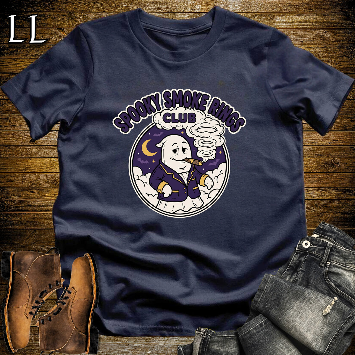 Spooky Smoke Rings Club Ghost Badge Cigar T-Shirt Navy | Ghost Badge Cigar Tee