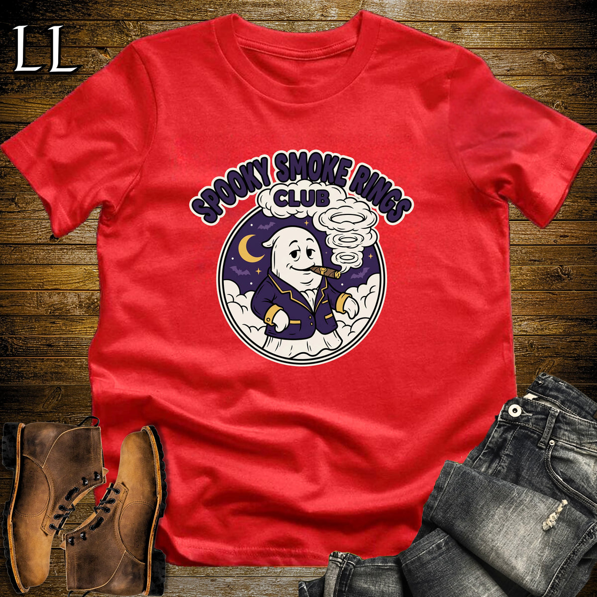 Spooky Smoke Rings Club Ghost Badge Cigar T-Shirt Red | Ghost Badge Cigar Tee