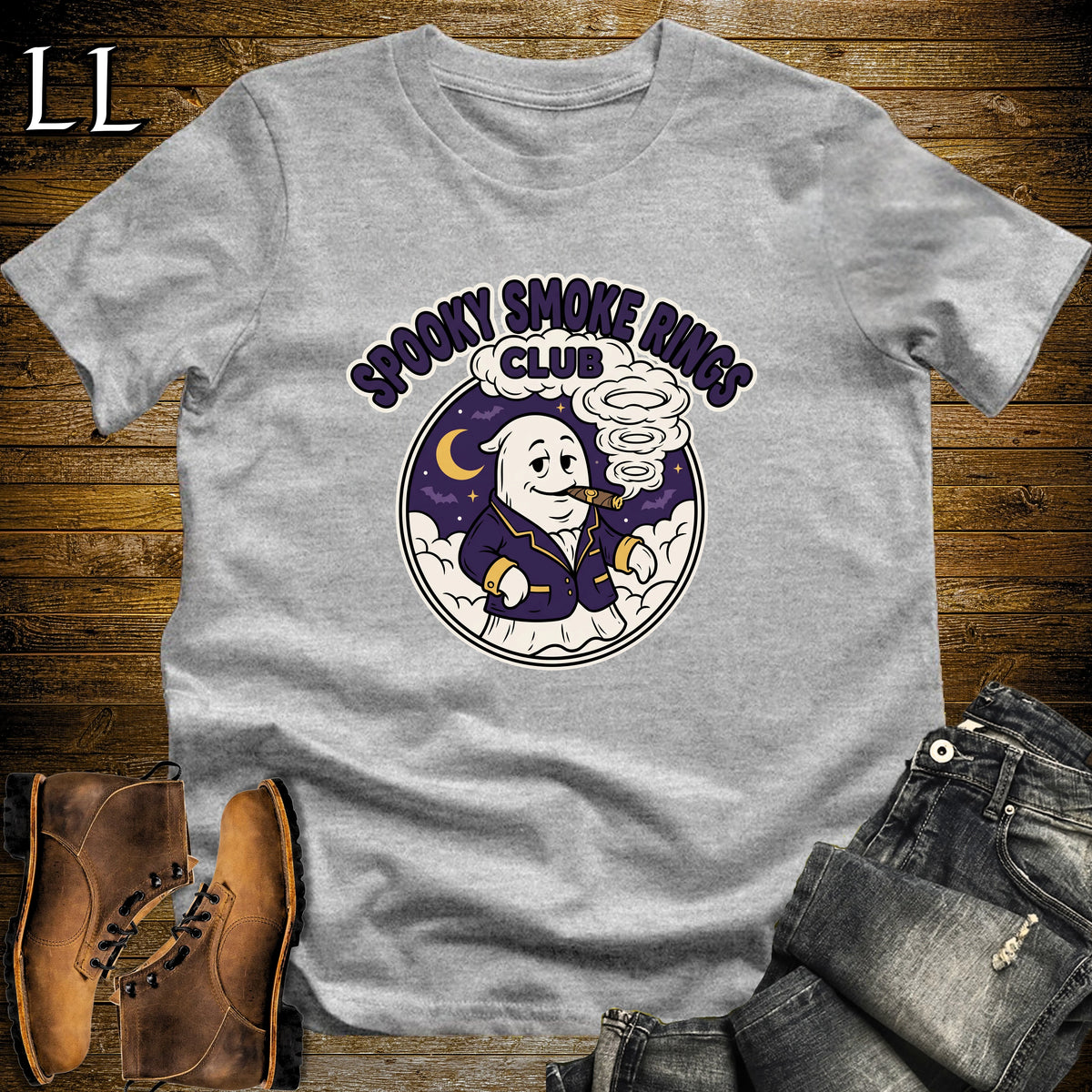 Spooky Smoke Rings Club Ghost Badge Cigar T-Shirt Sport Grey | Ghost Badge Cigar Tee