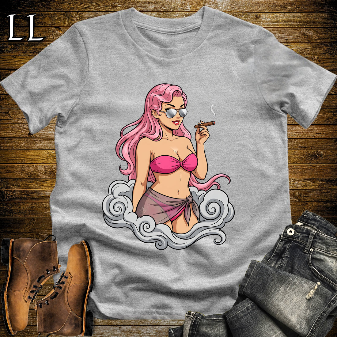 Rosa's Smoke Break Cigar Girl T-Shirt Sport Grey | Cigar Pin-Up Girl Tee