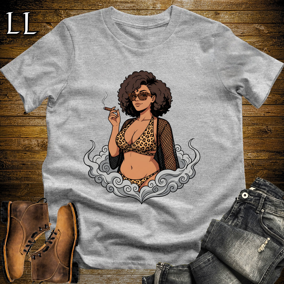 Leona's Smoke Break Cigar Girl T-Shirt Sport Grey | Cigar Pin-Up Girl Tee