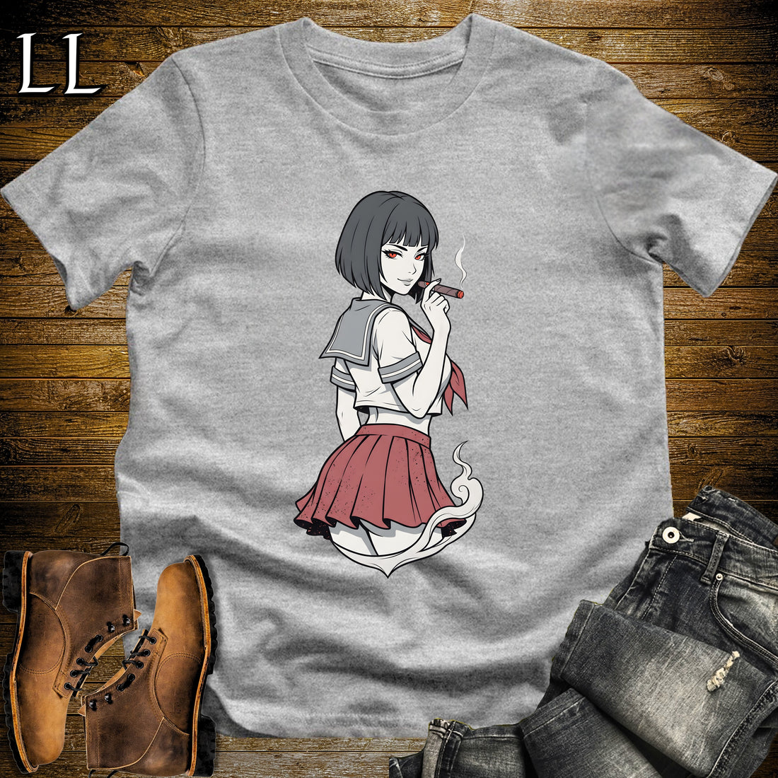 Sakura's Smoke Break Cigar Girl T-Shirt Sport Grey | Cigar Pin-Up Girl Tee