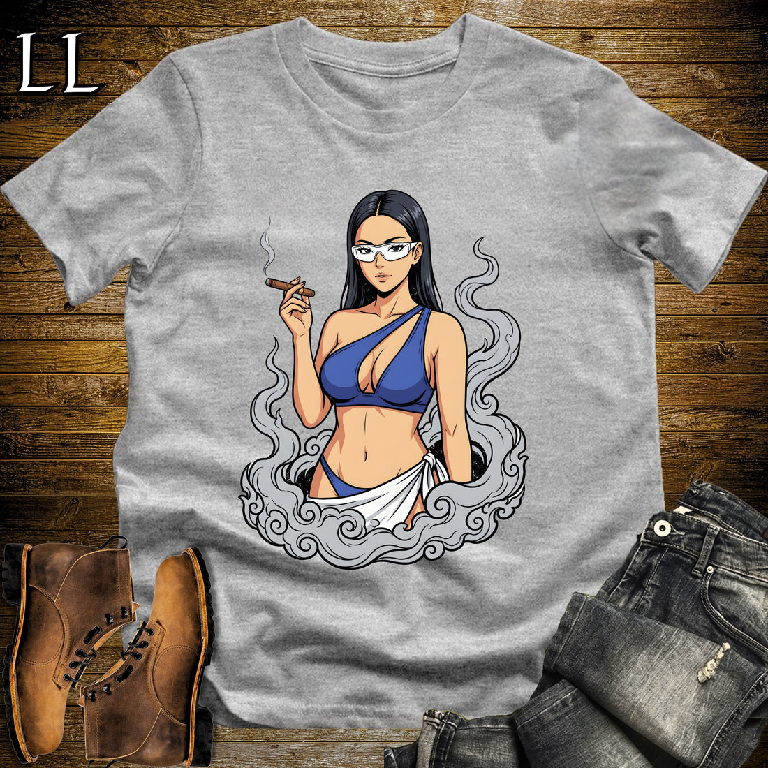 Azura's Smoke Break Cigar Girl T-Shirt Sport Grey | Cigar Pin-Up Girl Tee