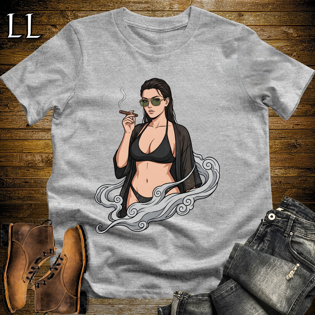 Oscura's Smoke Break Cigar Girl T-Shirt Sport Grey | Cigar Pin-Up Girl Tee