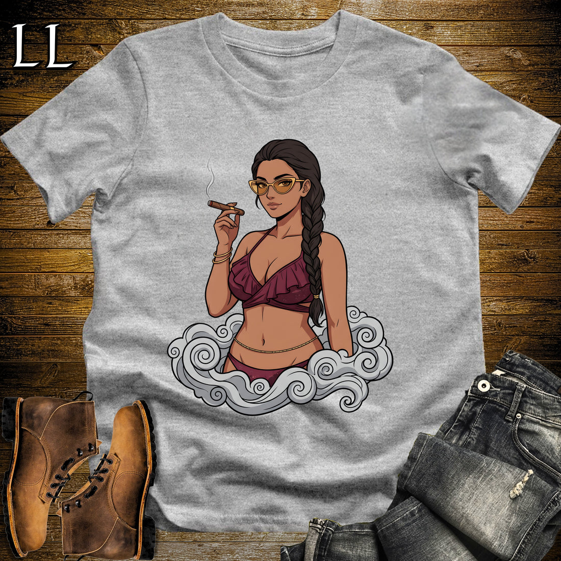 Reina's Smoke Break Cigar Girl T-Shirt Sport Grey | Cigar Pin-Up Girl Tee