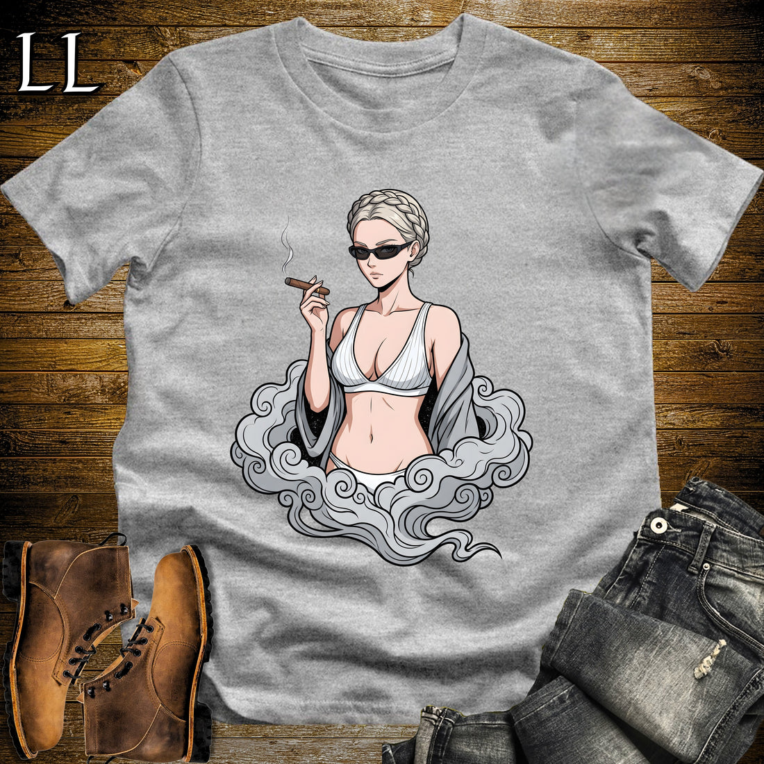 Perla's Smoke Break Cigar Girl T-Shirt Sport Grey | Cigar Pin-Up Girl Tee