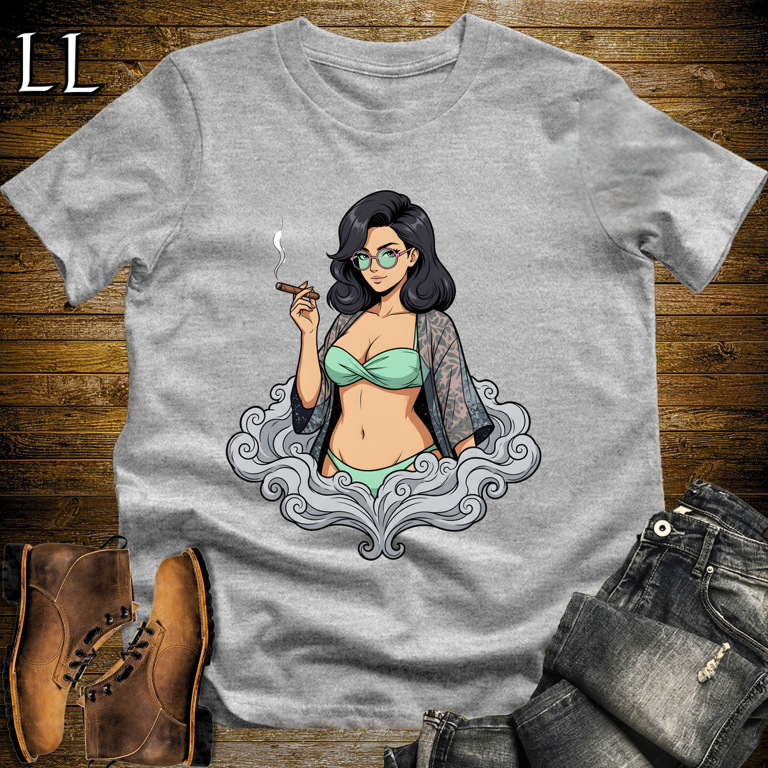 Candela's Smoke Break Cigar Girl T-Shirt Sport Grey | Cigar Pin-Up Girl Tee