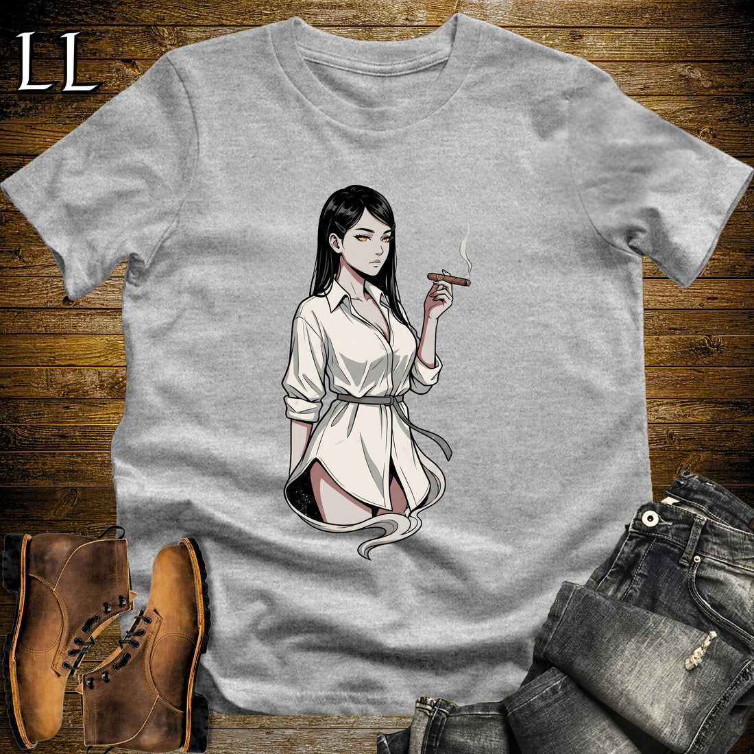 Clara's Smoke Break Cigar Girl T-Shirt Sport Grey | Cigar Pin-Up Girl Tee