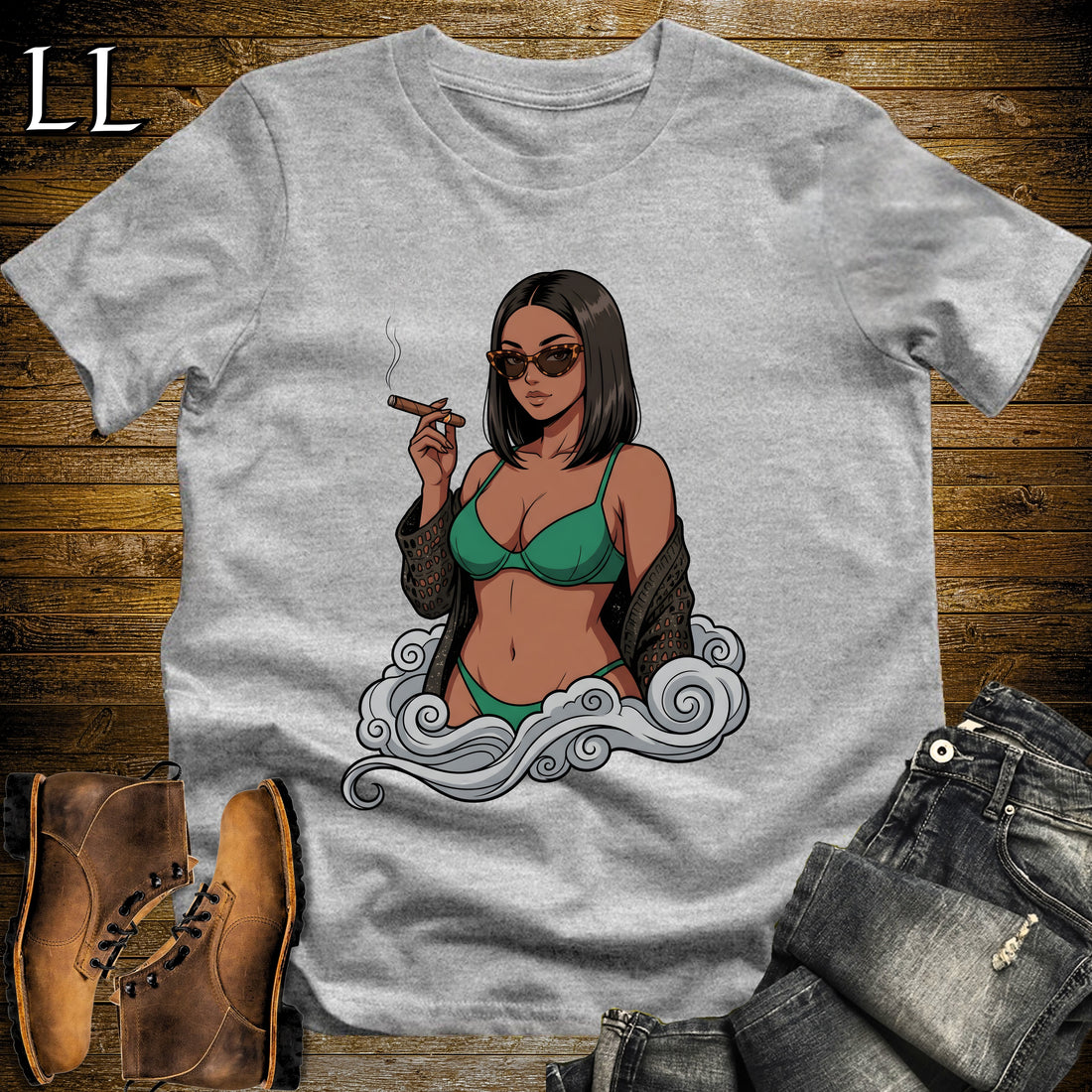 Esmeralda's Smoke Break Cigar Girl T-Shirt Sport Grey | Cigar Pin-Up Girl Tee