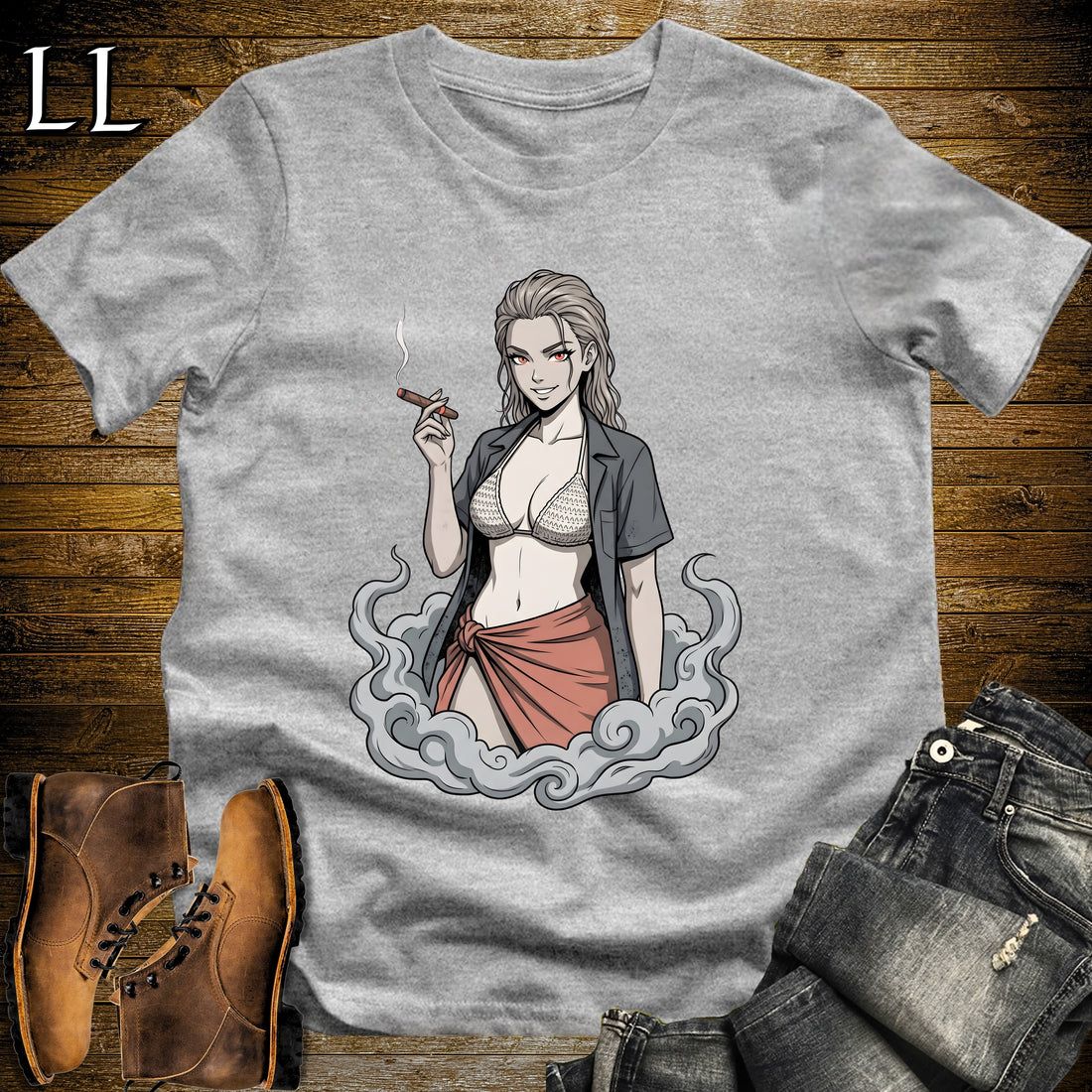 Ceniza's Smoke Break Cigar Girl T-Shirt Sport Grey | Cigar Pin-Up Girl Tee