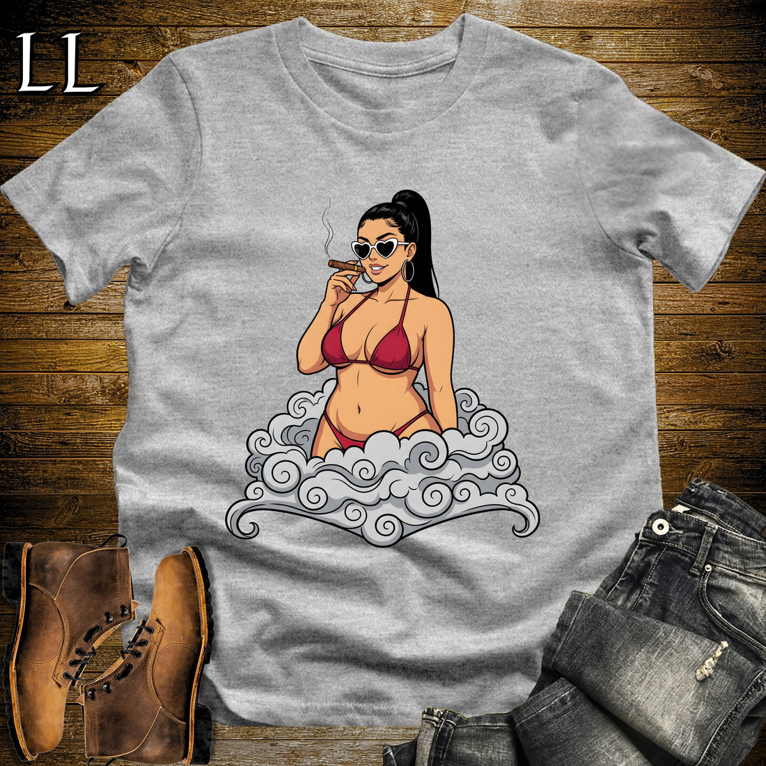 Valentina's Smoke Break Cigar Girl T-Shirt Sport Grey | Cigar Pin-Up Girl Tee