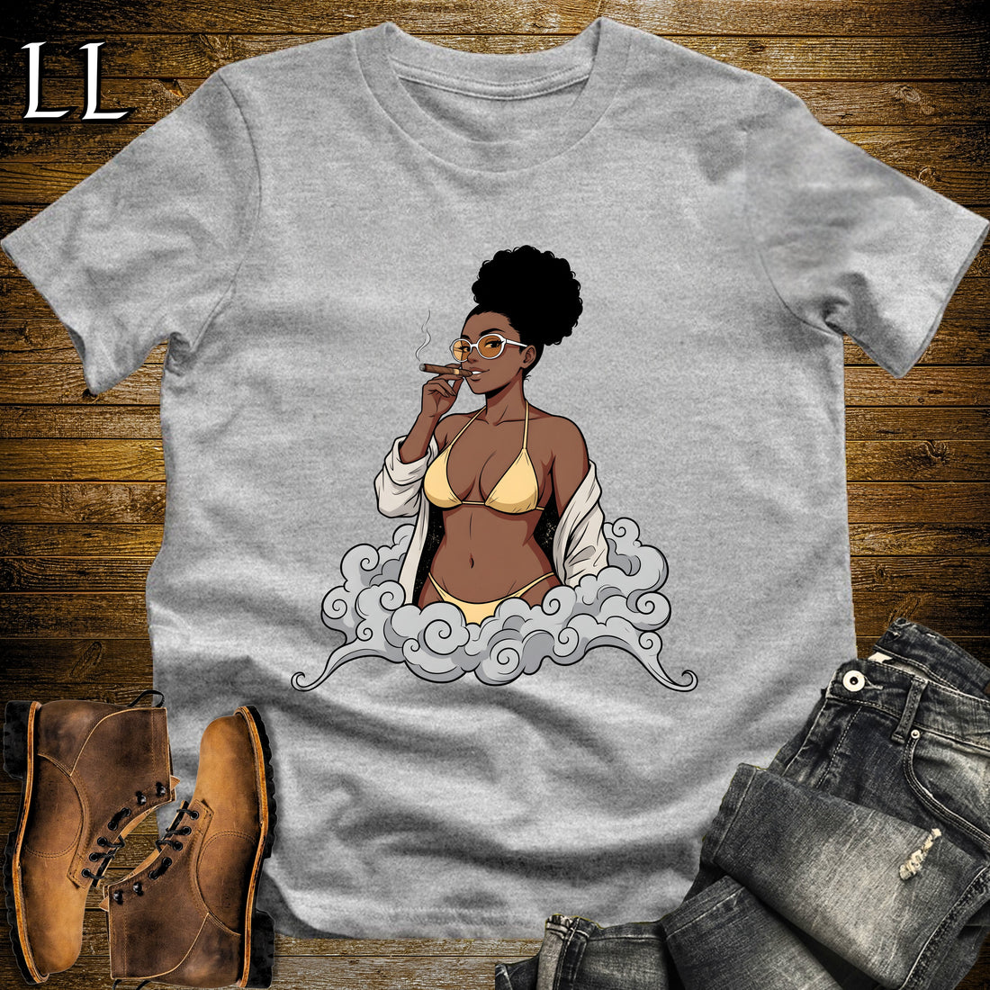 Solana's Smoke Break Cigar Girl T-Shirt Sport Grey | Cigar Pin-Up Girl Tee
