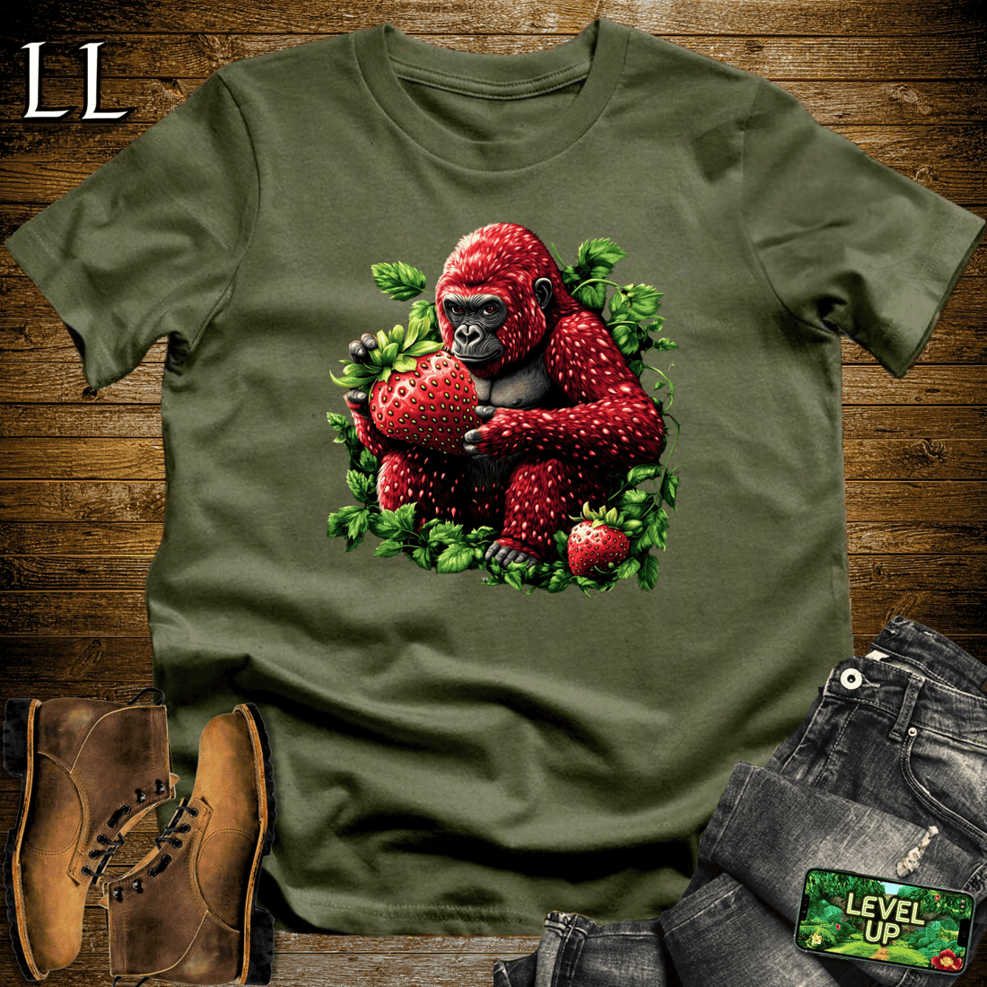 Strawberry Gorilla Softstyle Tee Military Green | Fruit Beast Tee