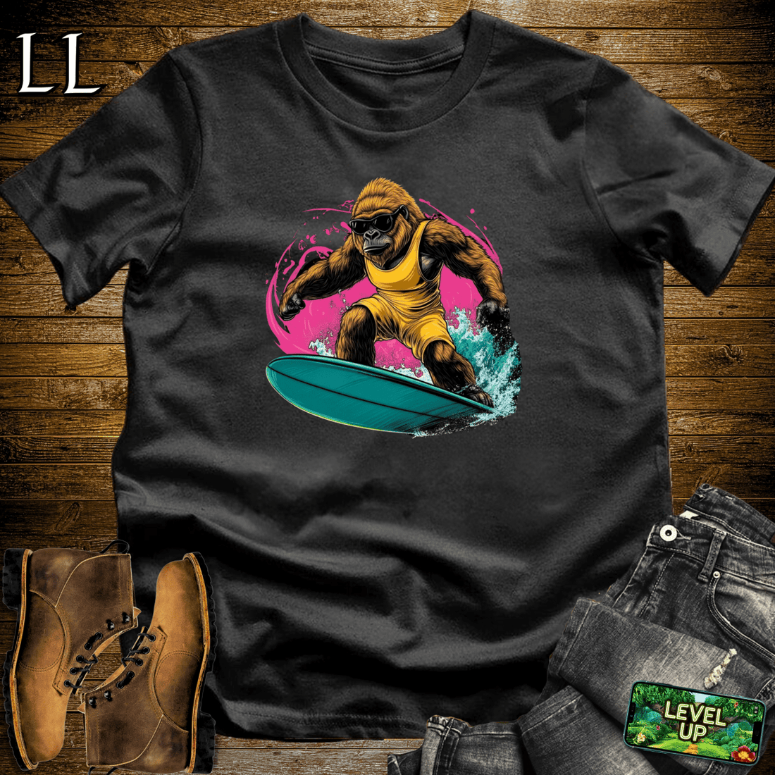 Surfing Gorilla Softstyle Tee Black | Wave Rider Tee