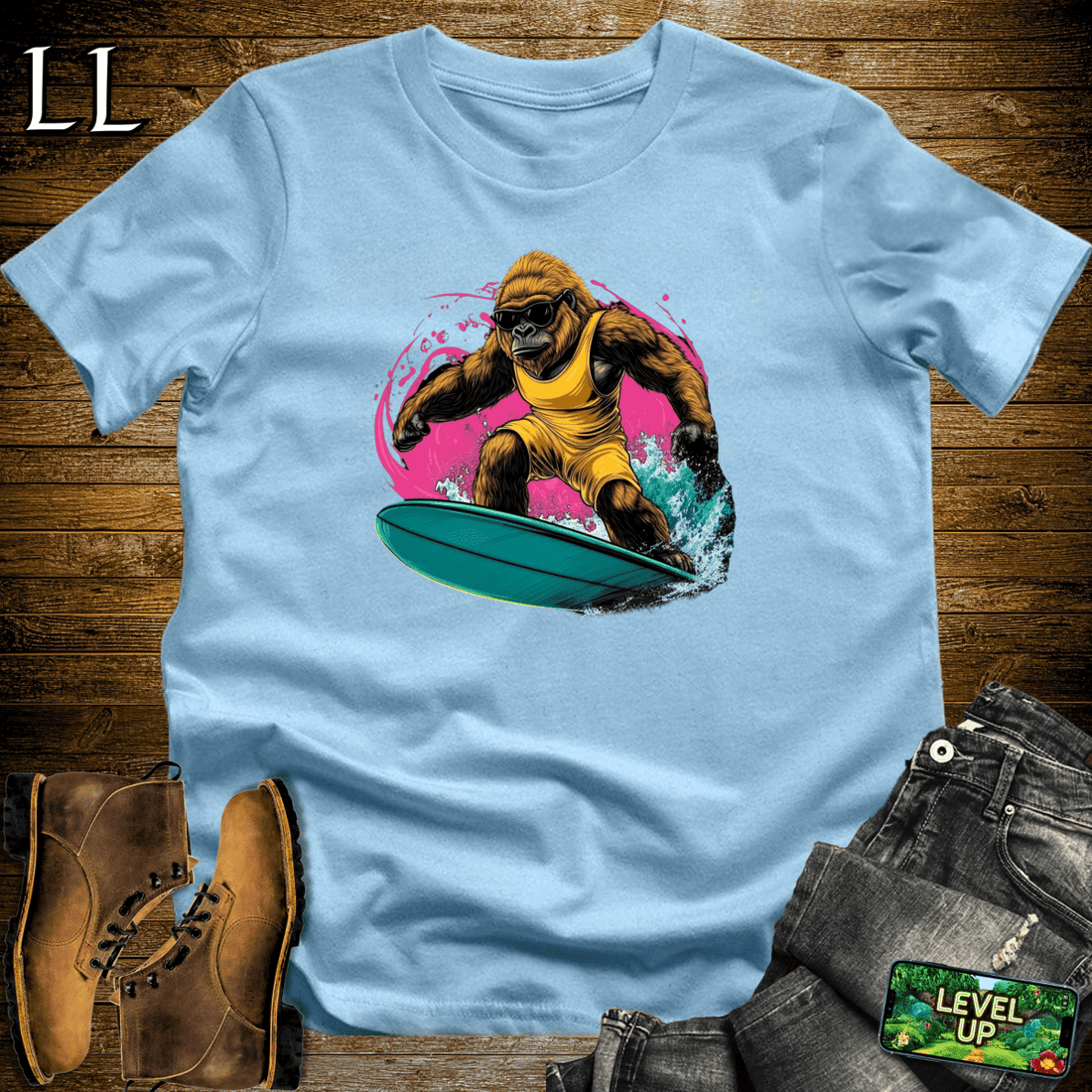 Surfing Gorilla Softstyle Tee Light Blue | Wave Rider Tee